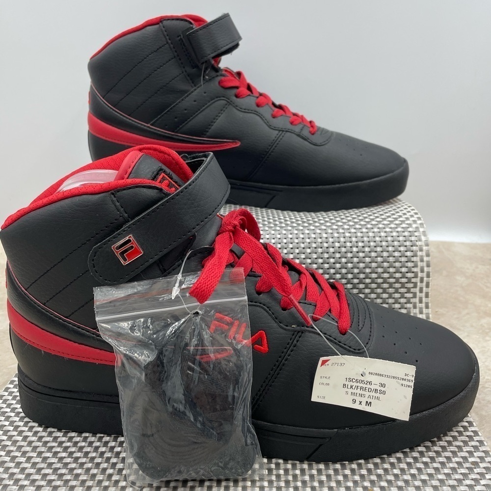 NEW Fila Vulc 13 Mid Top Plus Shoes - Black / Red with Additional Black Laces